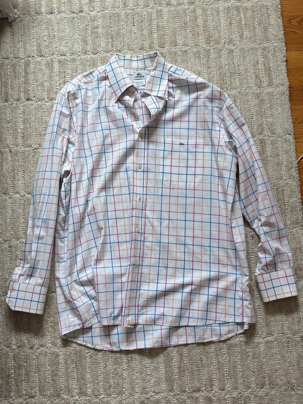 Lacoste Men’s White Windowpane Check Dress Shirt with Blue & Red Lines